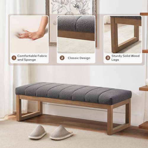 Zihanhome 52.7" Bedroom Bench for End of Bed, Modern Upholstered Teddy Fabric Entryway Bench & Dining Bench, Footrest Stool Bench with Solid Wood Frame for Bedroom, Living Room (Grey) - color: Grey