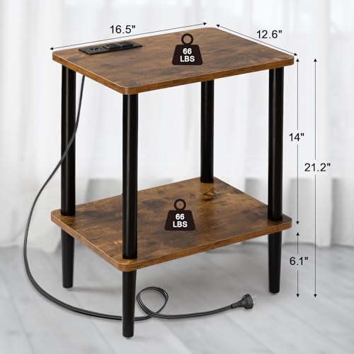 FORAOFUR End Table with Charge Station, Small End Tables Living Room, Nightstand with 2 Tier Storage Shelves for Small Spaces, Living Room, Bedroom, Sofa End Table Rustic Brown - color: Rustic Brown