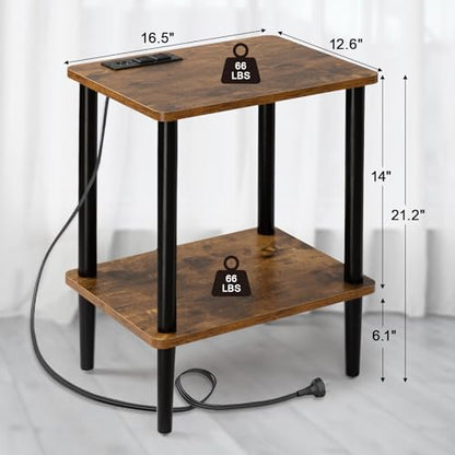 FORAOFUR End Table with Charge Station, Small End Tables Living Room, Nightstand with 2 Tier Storage Shelves for Small Spaces, Living Room, Bedroom, Sofa End Table Rustic Brown - color: Rustic Brown