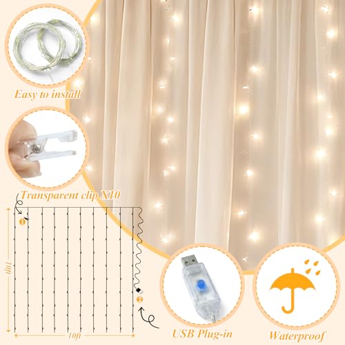 Ledido 10×8ft Beige Tulle Backdrop Curtains with Lights(8 Panels 5×8ft) - color: Beige, size: 40×8ft(8 Panels 5×8ft)