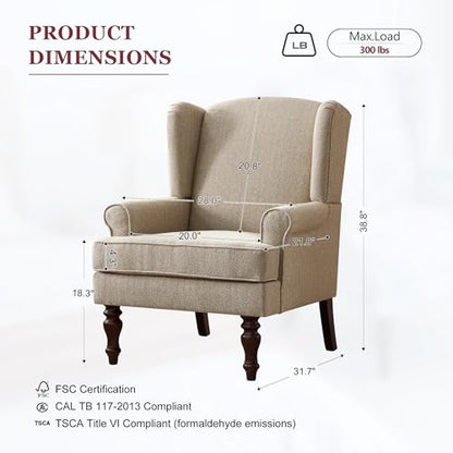 HUIMO Printed Wingback Accent Chair, Linen Upholstered High Back Armchair, Comfy Reading Chair for Living Room Bedroom Study, 300lbs Weight Capacity (1, Brown with Lines) - color: Brown With Lines