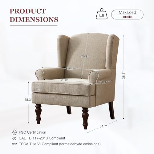 HUIMO Printed Wingback Accent Chair, Linen Upholstered High Back Armchair, Comfy Reading Chair for Living Room Bedroom Study, 300lbs Weight Capacity (1, Brown with Lines) - color: Brown With Lines