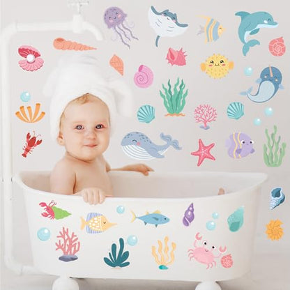 AOWDIAO 58 Pcs Ocean Animals Wall Decals - Peel and Stick Under the Sea Kids’ Room & Nursery Decor - style: Ocean Animals