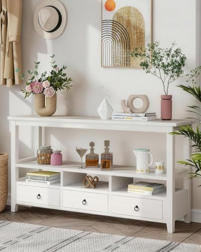 Karl home Console Table with 3 Drawers, 57.9" W Entryway Table, White | Wood finish, 3 drawers, 3 cubbies, open shelf storage, vintage entryway table for hallway, living room and office - color: White, style: 3 Bottom Drawers ＆ 3 Storage Cubes