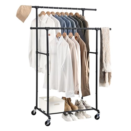 FOUCSSOMEI Heavy Duty Clothes Rack, Rolling Clothing Rack, Garment Rack with Wheels, Double Rod, Max 400Lbs, Black - size: Double Rod