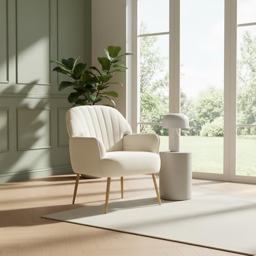 GDFStudio 25" Velvet Accent Chair with Arms and Back, Modern Shell-Shaped Upholstered Barrel Chairs, Small Comfy Reading Chair Lounge Chairs with Solid Legs for Living Room Bedroom Office Cafe, Beige - color: Beige
