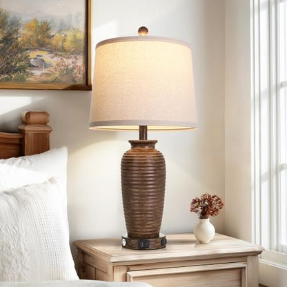 CINSARY 25" Retro Walnut Brown Farmhouse Jar Table Lamps Set of 2, 3 Way Touch Control Rustic Bedside Lamps with USB A+C Ports & AC Outlet, Pot Nightstand Lamps for Bedroom Living Room - color: Walnut Brown