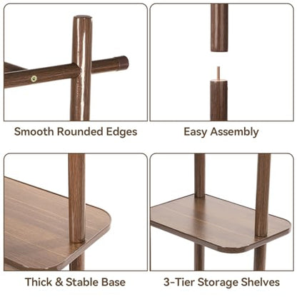 Wood Coat Rack Freestanding Rotary Coat tree with 3 Shelves and 5 Hooks | 4 Swivel Wheels Heavy Duty Clothing Rack Coat Hanger Stand for Corner Entryways Living Rooms and Bedrooms, Walnut