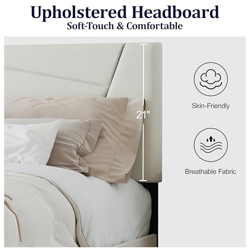 Queen Size Upholstered Bed Frame Frame with Headboard，Velvet Beige | Geometric Head Board Platform Bed, Sturdy Wooden Slats, Noiseless No Box Spring Required, Easy to Assemble - color: Beige, size: Queen