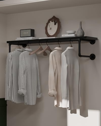 Clothes Rack 42in, Wall Mounted Garment Racks with Real Black Wood Shelf, Heavy Duty Hanging Clothes Rack, Multi-Purpose Hanging Rod, Space-Saving Closet Storage - color: Black, size: 1T42IN