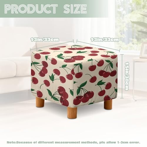 Cute Cherry Print Stretch Square Ottoman Cover Nonslip Elastic Band Bottom Footrest Stool Cover Protector for Square Ottoman 13x13x15 Inch - color: Cute Cherry