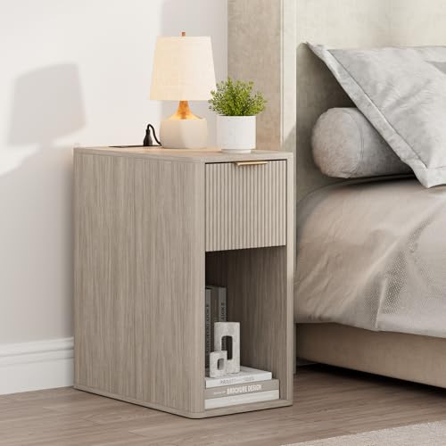 Homleke Narrow End Table with Fluted Drawer & Charging Station | Compact Nightstand with USB Ports & Outlets, Bedside Table for Bedroom, Living Room, Modern Accent Table, Light Gray Oak - color: Light Gray Oak