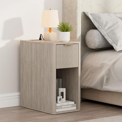 Homleke Narrow End Table with Fluted Drawer & Charging Station | Compact Nightstand with USB Ports & Outlets, Bedside Table for Bedroom, Living Room, Modern Accent Table, Light Gray Oak - color: Light Gray Oak
