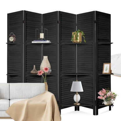 6 Panel Room Divider with Shelves | Freestanding Wooden Louvered Privacy Screen, Built‑in Display Shelves, Foldable Hinges, Black - color: Black-6 Panel, size: 6 Panel