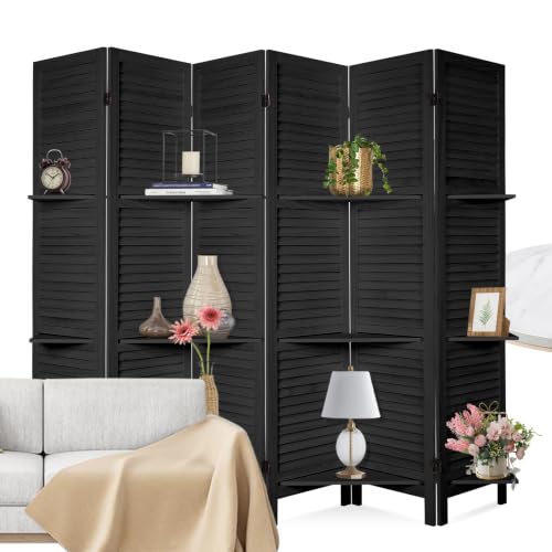 6 Panel Room Divider with Shelves | Freestanding Wooden Louvered Privacy Screen, Built‑in Display Shelves, Foldable Hinges, Black - color: Black-6 Panel, size: 6 Panel