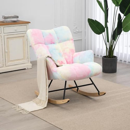Rocking Chair Nursery Teddy Upholstered Glider Rocker Rocking Accent Chair Padded Seat with High Backrest Armchair Comfy Side Chair for Living Room Bedroom Offices (Colorful Teddy) - color: Colorful