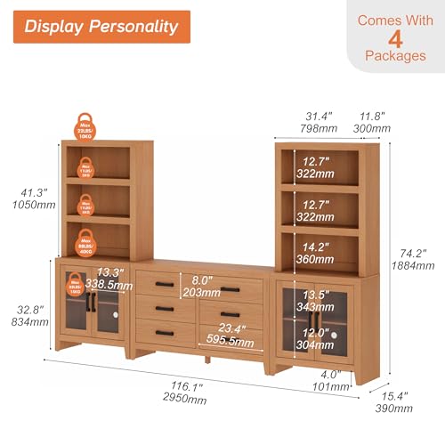WAMPAT Entertainment Center with Bookshelves, Farmhouse TV Stand, Wood Media Console with Glass Doors and 6 Storage Drawers for Living Room, Bedroom, Mocha - color: Mocha