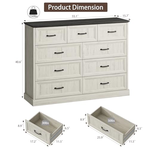 Farmhouse 9 Drawer Dresser for Bedroom, 55" White Dresser with TV Stand | Wide Dresser with Large Drawers & Bar Handles, Rustic Wood Chest of Drawers for Living Room, Hallway, Entryway. - color: White, size: 16"D x 55"W x 41"H (9 Drawers)