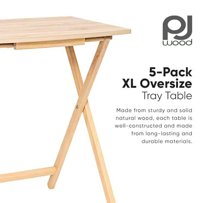 PJ Wood XL Oversize Tray Table, Natural Wood, 5-Pack | 33.2 lb Capacity, Rectangular Shape, Foldable Design, Space-Saving Storage