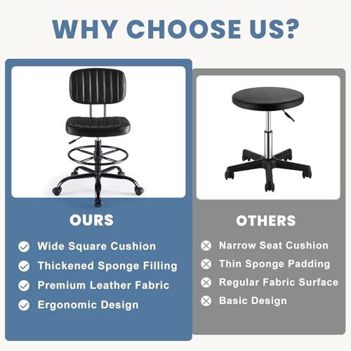 DUMOS Armless Drafting Chair, Standing Desk Chair, Rolling Stool | Ergonomic Low Back Office Seat, Height Adjustable with Footrest Ring, PU Leather, Swivel Wheels, Studio Lab Counter, Black - color: Black