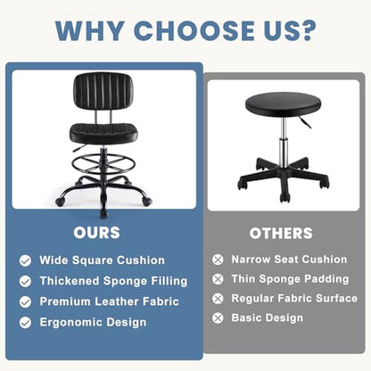 DUMOS Armless Drafting Chair, Standing Desk Chair, Rolling Stool | Ergonomic Low Back Office Seat, Height Adjustable with Footrest Ring, PU Leather, Swivel Wheels, Studio Lab Counter, Black - color: Black