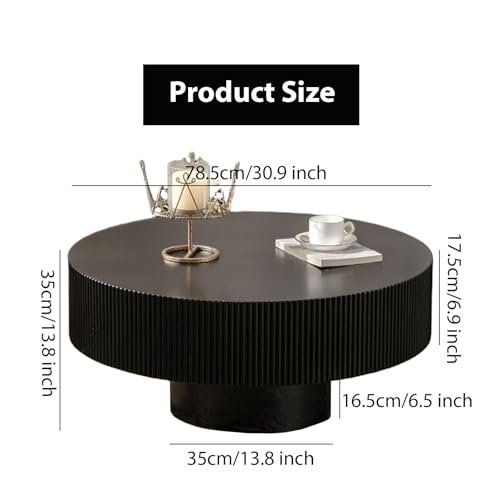 Round Fluted Coffee Table Handcrafted Relief Drum End Table | Mid Century Modern Drum Coffee Tables Rustic Industrial Wood Center Table for Apartment Living Room - color: Black Round Thick