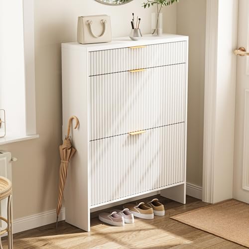 Fluted Shoe Cabinet Storage with 2 Flip Drawers & 1 Drawers, Wood Narrow Hidden Shoe Cabinet with Shelf for Entryway, Freestanding Slim Shoe Rack Organizer for Hallway Living Room(White) - color: White, size: 3drawers