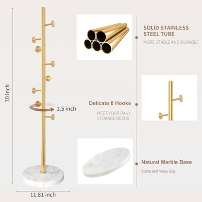 Coat Rack Stand,Golden Metal Coat Rack Freestanding with 8 Hooks | Modern Coat Rack with Natural Marble Base,Coat Hanger Stand, 3 Adjustable Coat Clothes Tree Stand for Office - color: Golden-8Hooks