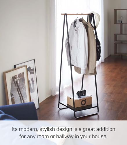 YAMAZAKI Home Tower Freestanding Coat Hanger Clothes Rack With Shelf, 55" - Steel | Freestanding coat hanger features a steel frame and bottom shelf. Space-saving vertical organization. Easy to assemble. - color: Black