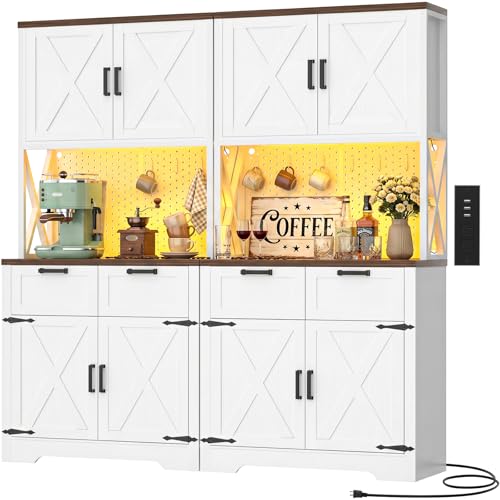 Unikito 71" Tall Kitchen Pantry Storage Cabinet with LED Light, White | 63" Wide, Microwave Countertop, Power Charging Station, Large Hutch Cabinet with Drawers, Home Unit for Dining Room - color: White, size: 63 Inch