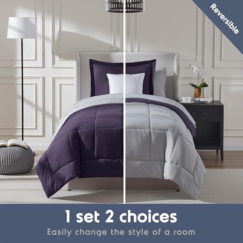 Nestl 5 Piece Twin Comforter Set – Purple Reversible Bed in a Bag – Complete Twin Size Bedding Set with Sheets, Pillowcase and Sham - color: Purple, size: Twin