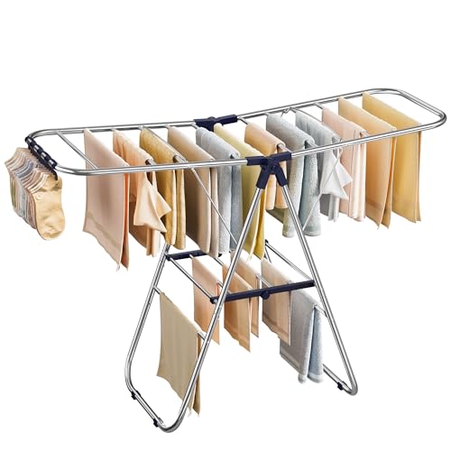 SONGMICS Clothes Drying Rack, Foldable Laundry Drying Rack, Blue | Sock Clips, Metal Clothes Airer with Height-Adjustable Gullwings, Space-Saving, Indoor Outdoor, ULLR505EQ01 - color: Blue, size: 51.2"W x 39"/44.9"H