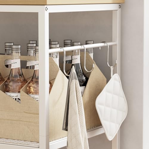 Homleke 3-Tier Rolling Kitchen Microwave Cart, Utility Cart | with Lockable Wheels Coffee Bar Table Station with 6 Hooks, Small Appliance Storage Shelf, White and Natural - color: White and Natural
