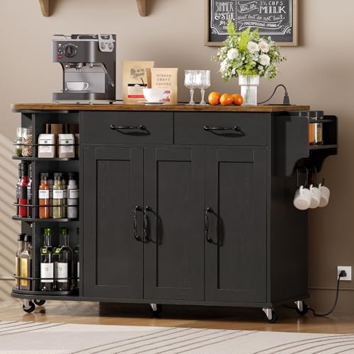 Kitchen Island with Power Outlet & Drop Leaf, Kitchen Rolling Island with Rotating Organizer, Kitchen Island Cart with Storage Cabinet, Mobile Island Table for Kitchen, Black and Rustic Brown - color: Black + Rustic Brown