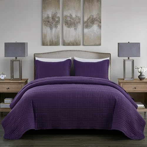 Chezmoi Collection Kingston Queen Size Bedspread Set, 3-Piece Dark Purple Oversized Quilted Microfiber Lightweight Bedspread Coverlet (100"x106") for All Seasons - color: Dark Purple, size: Queen