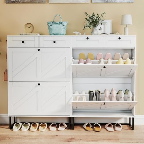 Shoe Cabinet with 2 Flip Drawers Freestanding Shoe Organizer with 2 Fabric Drawers Farmhouse Flip Shoe Storage Cabinet Narrow Shoe Rack Cabinet for Entryway, Hallway, Living Room, White