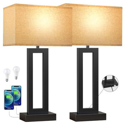 Seealle 26.3in Big Bedroom Table Lamps Set of 2 -Touch Control, 3 Way Dimmable, USB C+A Charging, LED Bulbs, Easy Assembly - color: A. Beige&Black, size: Extra Large(26in)