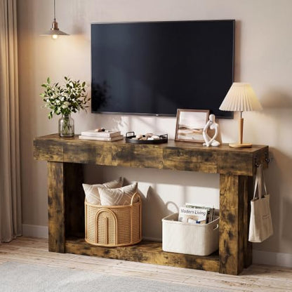63'' Console Table with 3 Drawers and Open Storage, Entryway Table with Socket, LED Light and Hooks, Narrow Long Wood Sofa Table Behind Couch Table for Living Room, Hallway, Foyer, Brown - size: 63'' IN
