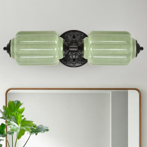 Green Glass Vintage Bathroom Vanity Light, 2-Light Wall Sconce | 22.4 Inch, LED Bulbs Included, Even Glow, Black Base, Vertical or Horizontal Mounted Wall Sconce for Bathroom Bedroom Hallway - color: Black & Green 1 Pack
