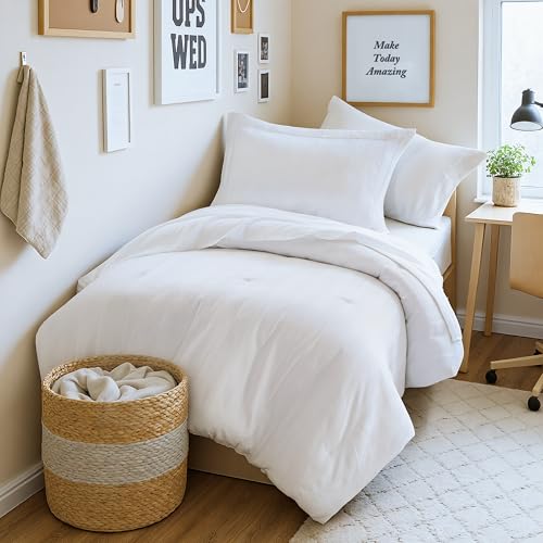 Madison Park Essentials Striped Comforter Set Twin XL, 5 Pieces Modern Minimalist Jacquard Bedding Set for All Season, Bed in A Bag with Sheet Set and Soft Brushed Reverse, Lightweight White - color: White, size: Twin/Twin XL