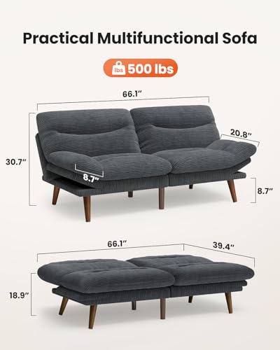 Amada 66 inch 3-in-1 Convertible Futon Sofa Bed, Gray | Adjustable backrest and armrests, strong wood legs and frame, loveseat for compact apartments and offices - color: Grey, size: 66 Inch