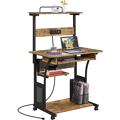 Yaheetech Small 3-Tier Rolling Computer Desk, Power Outlet, Rustic Brown | Engineered wood tiers and metal frame suit small spaces, holding a monitor, printer, and keyboard tray by a built-in outlet. - color: Rustic Brown