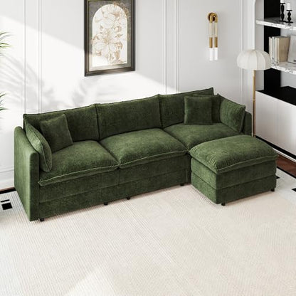 Aoowow Modular Sectional Sofa Modern Convertible L Shaped Couch,112.2 Inch Deep 3-Seater Sofas Set Comfy Chenille Cloud Sofas and Couches with Movable Ottoman for Living Room Apartment（Green） - color: Green-new, size: 3 Seat + Ottoman