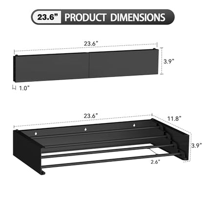 Laundry Drying Rack Wall Mounted Clothes Drying Rack Black,23.6" | Collapsible Drying Rack With 4 Aluminum Rods and Drilling Template Long Screwdriver Bit 60 lbs Capacity - color: Black, size: 23.6"