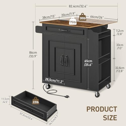 Kitchen Island with Power Outlets & Drop Leaf, Rolling Kitchen Cart on Wheels, Kitchen Storage Island with Spice Rack and Drawer for Kitchen, Dinning Room, Black and Rustic Brown - color: Black + Rustic Brown
