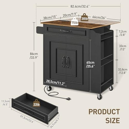 Kitchen Island with Power Outlets & Drop Leaf, Rolling Kitchen Cart on Wheels, Kitchen Storage Island with Spice Rack and Drawer for Kitchen, Dinning Room, Black and Rustic Brown - color: Black + Rustic Brown