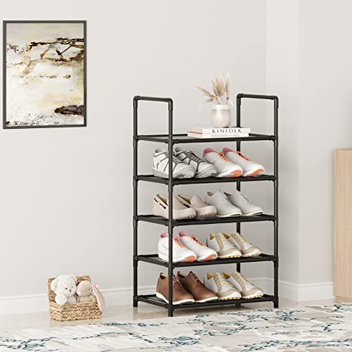 5 Tier Stackable Small Shoe Rack,Narrow Sturdy Shoe Shelf Organizer, Non-Woven Fabric Metal Free Standing Shoe Racks for Entryway, Hallway and Closet (Black) - size: 5-Black