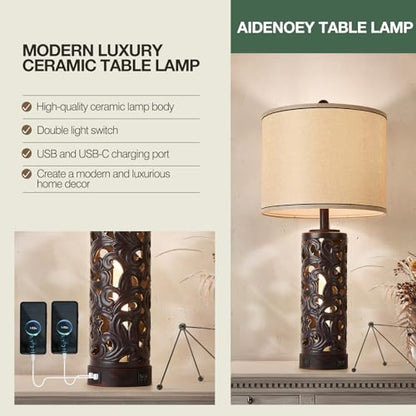 AIDENOEY Set of 2 Table Lamps with Night Light, 28" Farmhouse Table Lamp with USB A+C Ports,Brown Ceramic Bedside Lamp with Fabric Shade for Living Room,Bedroom,Home,Office(2 Bulbs Included) - color: Brown-1