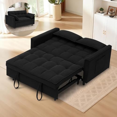 3 In 1 Corduroy Convertible Sofa Bed,Pull Out Couch Bed with Reclining Backrest And 2 Pillows, 54" Full Size Loveseat Sleeper Sofa Futon Couch Bed, Couches For Small Spaces, Living Room (Black ①) - color: Black ①