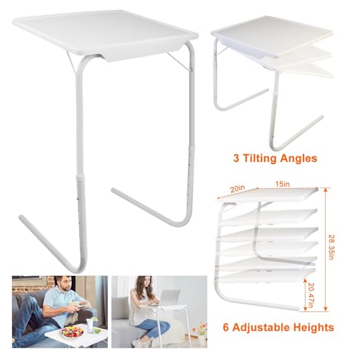 Height Adjustable Folding TV Tray Table, 6 Positions, 20x15in | 52-72cm Height Range, 3 Tilt Angles 30/60/90°, Max 10kg Load, Tool-Free Assembly, Dorm, Bedroom, Office